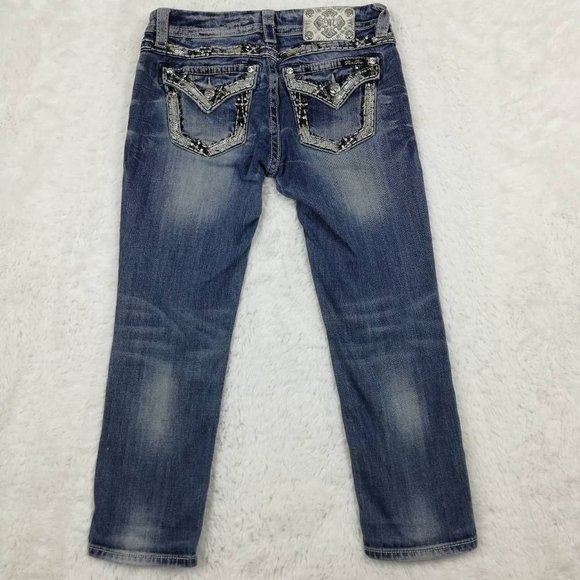 Miss Me Denim - Miss Me Womens Cropped Jean Blue Pockets Rhinestone Embroidered Crop Low Rise 28